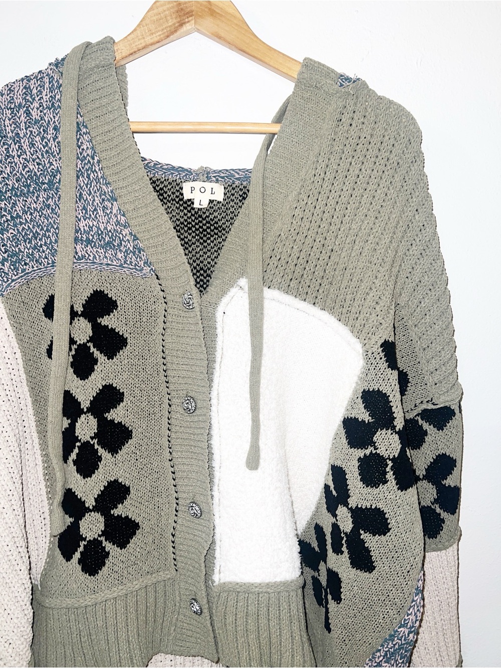 POL Patchwork Hooded Cardigan Sweater Olive, Cream & Black with floral & hearts - Picture 2 of 9